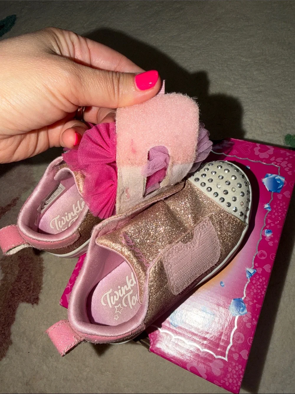Skechers Twinkle Toes Pink Glitter Light-Up Sneakers with Tulle Flower Accents